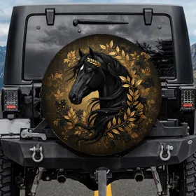 Majestic Black Horse Golden Laurel Wreath - Outdoor Equestrian Gift Spare Tire Cover