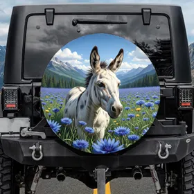 Majestic White Donkey Blue Flower Mountain - Farmhouse Decor Gift for Animal Lover Spare Tire Cover