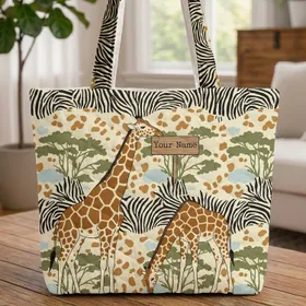 Giraffe Zebra Acacia Personalized Farmhouse Name Sign - Wildlife Lover Gift Quilted Tote Bag