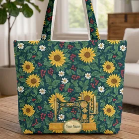 Ornate Vintage Sewing Machine Sunflowers Daisies - Daily Essentials Carry Gift Quilted Tote Bag