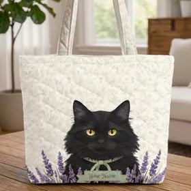 Fluffy Black Cat Golden Eyes Lavender Butterflies - Everyday Carry Gift for Cat Lover Quilted Tote Bag