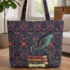 Dragon Ornate Books Your Name Scroll Botanical Florals Everyday Carry Gift Quilted Tote Bag