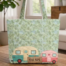 Retro Camping Trailers Pine Needles Stars - Travel Essentials Camper Gift Quilted Tote Bag