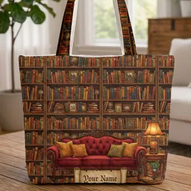 Antique Bookshelves Victorian Sofa Lamp Reading Nook Everyday Carry Gift Quilted Tote Bag
