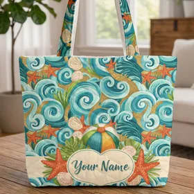 Ocean Waves Sandy Beach Ball Starfish Name Heart - Travel Essentials Gift Quilted Tote Bag