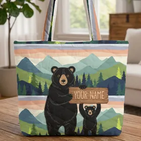 Black Bear Mountain Sunset Personalized - Wildlife Lover Everyday Carry Gift Quilted Tote Bag