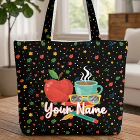 Red Apple Coffee Cup Pencils Glasses - Everyday Carry Gift for Students and Teachers Quilted Tote Bag