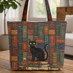Black Cat Ornate Books - Everyday Carry Gift for Cat Lover Quilted Tote Bag