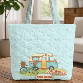 Personalized Vintage Campervan Bicycle Picnic Adventure - Road Trip Carryall Gift Quilted Tote Bag