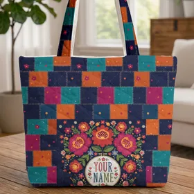 Floral Folk Art Patchwork Quilt Cross Stitch Name Everyday Carry Gift Quilted Tote Bag