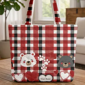 Paw Prints Hearts Buffalo Check Gingham Plaid - Everyday Carry Gift for Pet Lover Quilted Tote Bag