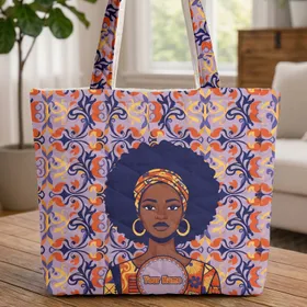 Afro-Caribbean Woman Afro Hair Hoop Earrings Organic Swirls Botanical Everyday Carry Gift Quilted Tote Bag