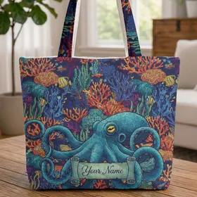 Blue Octopus Distinctive Eyes Tropical Fish Coral Reef - Travel Essentials Gift Quilted Tote Bag