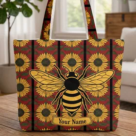 Black Bee Botanical Sunflowers Leaves Vertical Stripes Curved Scroll Everyday Carry Gift Quilted Tote Bag