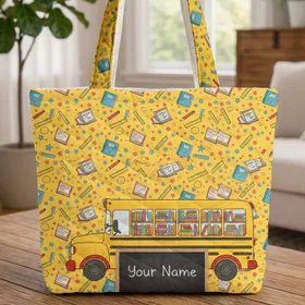 School Bus Bookshelf Chalkboard Name - Back to School Gift for Students Quilted Tote Bag