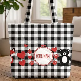 Red Hearts Paw Prints Compact Frame Black White Buffalo Check - Everyday Carry Gift for Pet Lover Quilted Tote Bag