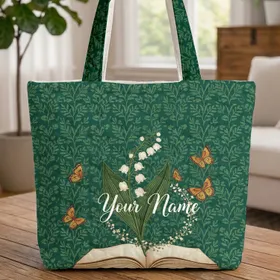 Open Antique Book Lily of the Valley Butterflies Botanical Wreath - Everyday Carry Gift Quilted Tote Bag