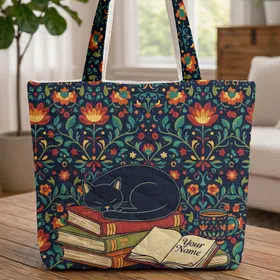 Black Cat Books Sleeping Folk Art Botanicals - Everyday Carry Bookworm Gift Quilted Tote Bag