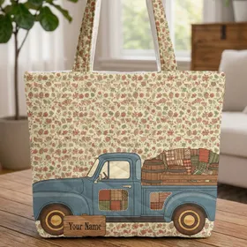 Vintage Blue Pickup Truck Laden with Patchwork Autumn Leaves - Everyday Carry Gift Quilted Tote Bag