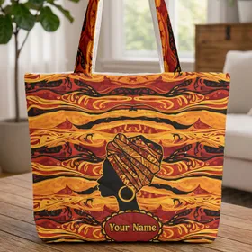 African Woman Profile Headwrap Hoop Earring Everyday Carry Gift for Women Quilted Tote Bag