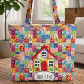 Personalized Name Patchwork House Buttons Fabric Squares - Everyday Carry Gift Quilted Tote Bag