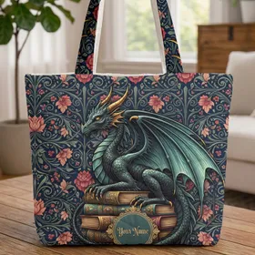Black Dragon Antique Books Botanical Flowers - Everyday Carry Dragon Book Lover Gift Quilted Tote Bag