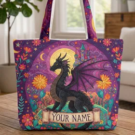 Majestic Black Dragon Purple Wings Everyday Carry Gift for Dragon Lover Quilted Tote Bag