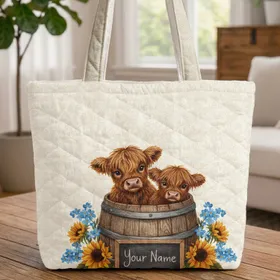 Highland Calves Sunflowers Floral Sprigs Barrel - Everyday Carry Gift for Cow Lover Quilted Tote Bag