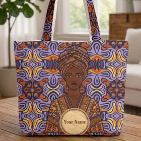African Woman Portrait Elaborate Headwrap Personalized Everyday Carry Gift Quilted Tote Bag
