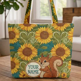 Squirrel Sunflower Quilt Art Personalized - Everyday Carry Gift Quilted Tote Bag