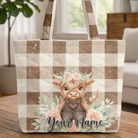 Highland Calf Floral Wreath Personalized - Everyday Carry Gift for Cow Lover Quilted Tote Bag