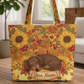 Sleeping Dachshund Sunflowers Autumn Leaves - Everyday Carry Gift for Dachshund Lover Quilted Tote Bag