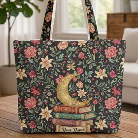 Golden Crescent Moon Books Botanical Flowers Name Scroll - Everyday Carry Gift Quilted Tote Bag