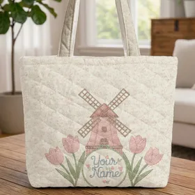Windmill Tulips Name Hoop Botanical Sprigs Everyday Carry Gift Quilted Tote Bag
