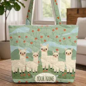 Five Alpacas Rolling Hills Daisy Flowers Name Medallion - Alpaca Lover Everyday Carry Gift Quilted Tote Bag