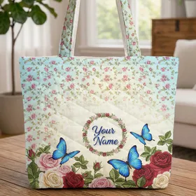 Rosebuds Blue Butterflies Floral Wreath - Everyday Carry Gift Quilted Tote Bag