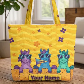 Cartoon Horses Sunglasses Hay Bales Pennant Flag Everyday Carry for Horse Lover Quilted Tote Bag
