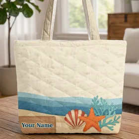 Personalized Rustic Wooden Sign Beach Waves Shell Starfish Coral - Travel Essentials Quilted Tote Bag
