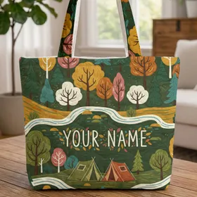 Autumnal Forest River Camping Tents Travel Essentials Gift for Travelers Quilted Tote Bag