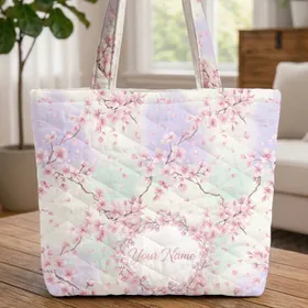 Cherry Blossom Branches Flowers Petals Floral Wreath Everyday Carry Gift Quilted Tote Bag