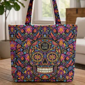 Calavera Folk Art Floral Leaf Day of the Dead Everyday Travel Gift Quilted Tote Bag