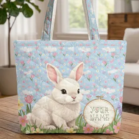 Adorable Fluffy Baby Rabbit Spring Meadow Personalized Name - Everyday Carry Gift for Kids Quilted Tote Bag