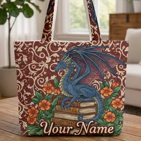 Blue Winged Dragon Antique Books Vine Leaf Star - Everyday Carry Gift Quilted Tote Bag