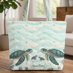 Sea Turtles Baby Turtles Seashells Starfish Aquatic Plants - Travel Essentials Quilted Tote Bag