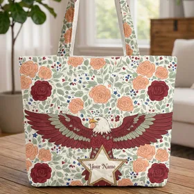 Bald Eagle Red Rose Blue Star Personalized - Everyday Carry Patriotic Gift Quilted Tote Bag