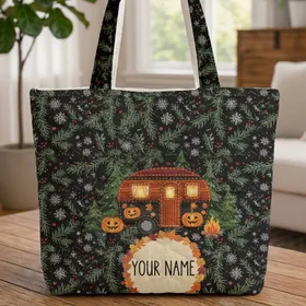 Camper Van Autumn Leaves Snowflakes Personalized Name - Winter Travel Gift Quilted Tote Bag