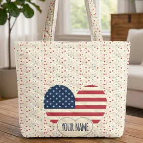 Heart-shaped American Flag Scattered Hearts Botanical Leaves - Everyday Carry Gift Quilted Tote Bag