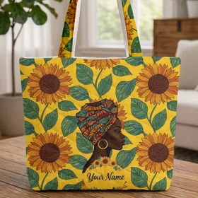 African Woman Headwrap Gold Earring Sunflowers Wreath - Everyday Carry Gift Quilted Tote Bag