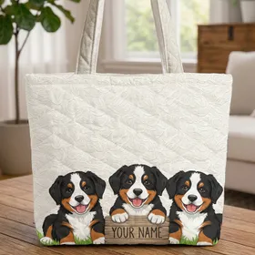 Bernese Mountain Dog Puppies Wooden Sign 'Your Name' - Everyday Carry Gift Dog Lover Quilted Tote Bag