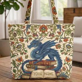 Ornate Blue Dragon Ancient Books Golden Filigree Botanical Personalized Travel Essentials Book Lover Gift Quilted Tote Bag